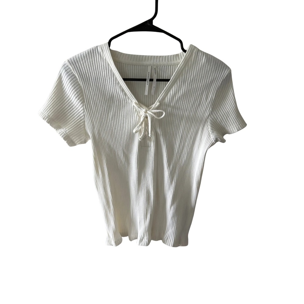 Anthropologie White Ribbed Lace Up V-Neck Short Sleeve Top Size M